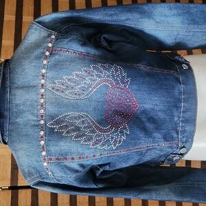 Custom made angel wing rhinestone jean jacket
